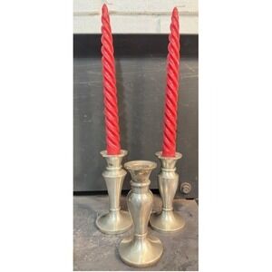 Restoration Hardware Silver Metal Candlestick Holders Set of 3 with Red Candles